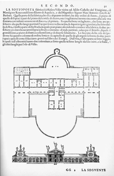 Plan und Aufriss der Villa Barbaro, Maser, Illustration aus einer Faksimile-Ausgabe von 